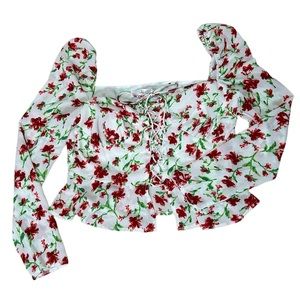 Missguided White Floral Long Sleeve Shirt Tie Up Front and Puff Sleeves